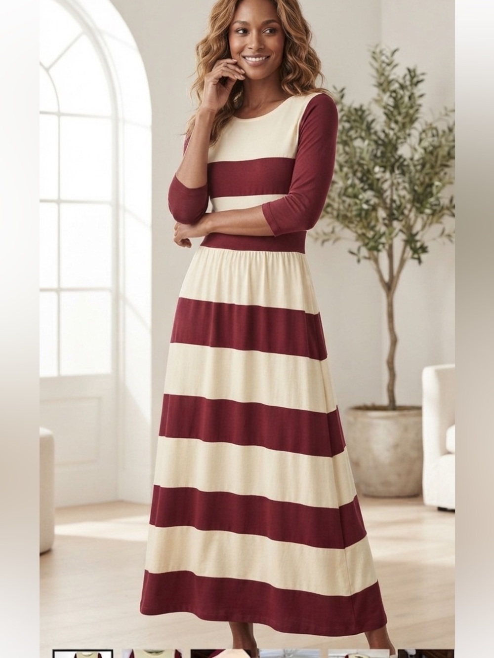 Dainty Jewells Maxi Dress Sz S 3/4 Sleeve Round Neck Lined Modest Burgandy Cream
